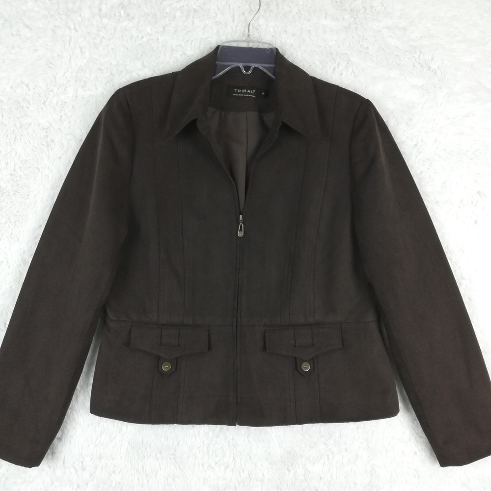 Tribal Jacket Womens Blazer Faux Suede Full Zip Collar Brown Shoulder Pads 12